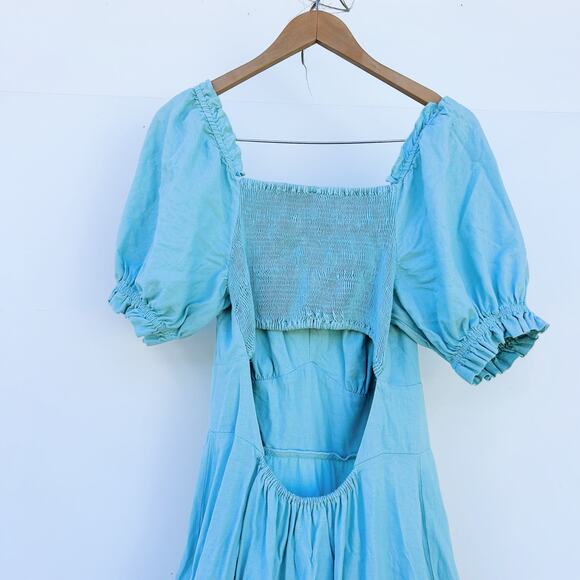 Farm Rio Puff Sleeve Maxi Dress Backless Cut Out Blue Prairie Large - Picture 8 of 10